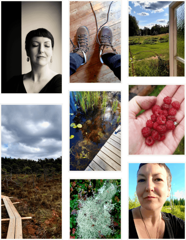 Foto-Collage eigene Stimme Portrait Vera Berg schwarzweiß mit geschlossenen Augen, Wanderschuhe an den Füßen auf Holzboden, ungerader Holzsteg durch Moor, Blick vom Holzsteg in klares Uferwasser mit Steinen und Seerosen, Blick aus einem weißen Holzfenster in schwedische Landschaft, silbergraue Flechten auf Waldboden, gesammelte Himbeeren in einer Handfläche, Portrait Vera Berg in der Abendsonne auf einem Berg sitzend