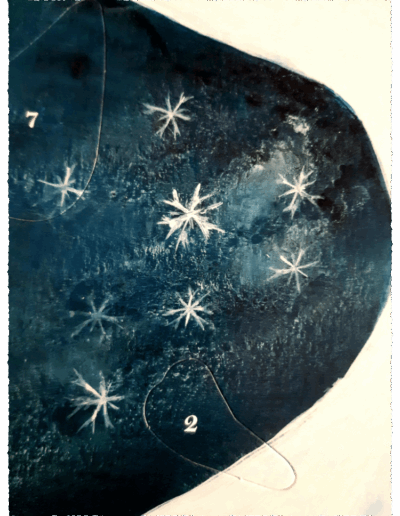 Ausschnitt Schneeflocken am tiefblauen Nachthimmel.