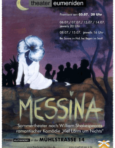 Auf einer Mauer im Vordergrund sitzt eine weibliche Figur mit Blütenkopf, während Menschen dahinter feiern.