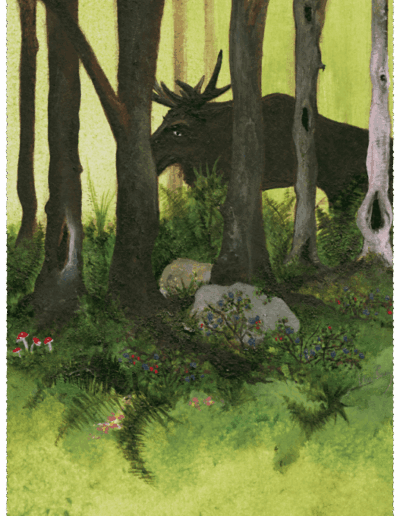 Ein Elch läuft zwischen Bäumen durch den Wald. Waldboden und Steine sind bewachsen mit kleinen blühenden Pflanzen, Flechten und Pilzen.