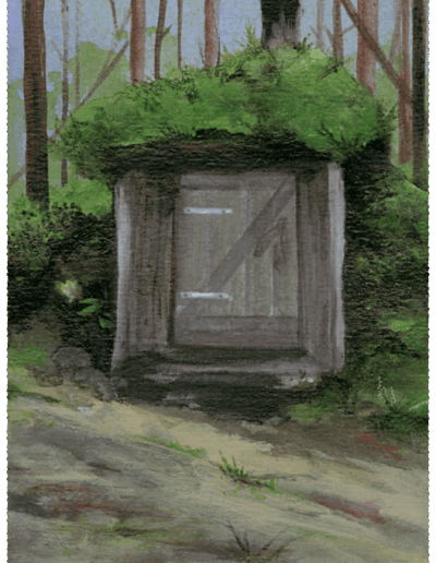 Ein kleiner hölzerner Unterschlupf steht an einem abschüssigen Felsweg. Er steht inmitten von Bäumen. Sein Dach ist mit Moos und Farn bewachsen, ein kleiner Rauchabzug wächst daraus hervor. Das Holz ist grau vom Wetter, die Tür über einer kleinen Schwelle ist geschlossen.