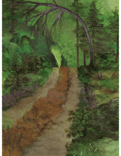 Ein links und rechts von Bäumen und Büschen bewachsener Weg strebt Richtung Horizont. Er ist zweigeteilt durch eine grasbewachsene Mitte. Ein Baum neigt sich über diesen Weg.