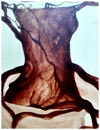 Baum im Entstehungsprozess. Der hell-und dunkelbraune Stamm mit seinen Wurzeln reckt sich von unten nach oben durch das gesamte Bild und gleicht einem Frauenkörper mit zarten Wurzeladern und Verästelungen in und um ihn herum.