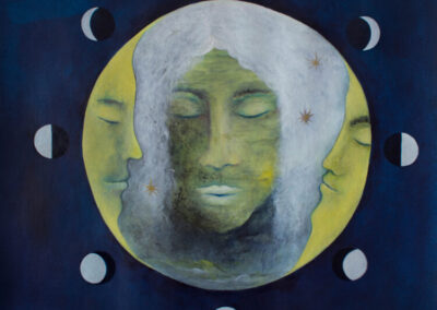 Auf dunkelblauem Grund erscheint ein großer Vollmond, darin drei Gesichter mit geschlossenen Augen. Mittig die alte weise Vollmondin mit weißem Haar und kleinen goldenen Sternen darin. Links und rechts von ihr die Gesichter zweier Mondsicheln im Profil. Sie umrahmen das Gesicht der Vollmondin, die sich aus leicht gekräuseltem Wasser zu erheben scheint. Außerhalb des großen Vollmonds sind silbern alle Mondphasen angeordnet.